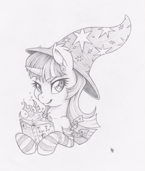 Size: 852x1000 | Tagged: safe, artist:dfectivedvice, character:twilight sparkle, book, clothing, grayscale, hat, monochrome, sinister, sketch, socks, solo, striped socks, traditional art, witch, witch hat