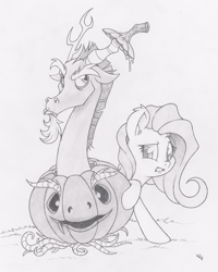 Size: 801x1000 | Tagged: safe, artist:dfectivedvice, character:discord, character:fluttershy, duo, food, grayscale, halloween, jack-o-lantern, monochrome, pumpkin