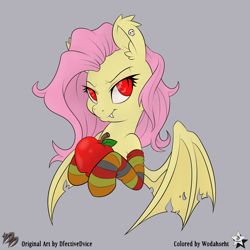 Size: 5000x5000 | Tagged: safe, artist:dfectivedvice, artist:wodahseht, character:flutterbat, character:fluttershy, species:bat pony, species:pony, absurd resolution, apple, clothing, colored, female, food, race swap, red eyes, socks, solo, striped socks