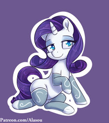 Size: 1400x1575 | Tagged: safe, artist:alasou, character:rarity, species:pony, species:unicorn, clothing, cute, female, mare, patreon, purple underwear, raribetes, simple background, smiling, socks, solo, underwear