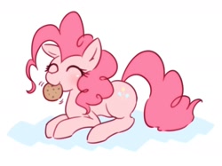 Size: 1533x1149 | Tagged: safe, artist:akainu_pony, character:pinkie pie, cookie, cute, diapinkes, food, mouth hold, prone, simple background, solo
