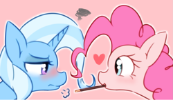 Size: 1617x941 | Tagged: safe, artist:akainu_pony, character:pinkie pie, character:trixie, species:pony, species:unicorn, ship:trixiepie, blushing, breath, female, food, heart, lesbian, mouth hold, pocky, pocky game, shipping, simple background