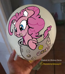 Size: 1836x2081 | Tagged: safe, artist:dfectivedvice, artist:robocop17, character:pinkie pie, balloon, cookie, cookie jar, cute, ear fluff, food, irl, paint, paint on balloon, photo, solo, traditional art