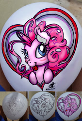 Size: 1836x2720 | Tagged: safe, artist:dfectivedvice, artist:robocop17, character:pinkie pie, art progress, balloon, blushing, cute, diapinkes, ear fluff, heart, irl, looking at you, paint on balloon, photo, progress, solo, tongue out, traditional art