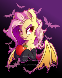 Size: 800x1000 | Tagged: safe, artist:dfectivedvice, artist:yokokinawa, character:flutterbat, character:fluttershy, species:bat pony, species:pony, apple, collaboration, colored pupils, eyeshadow, fangs, female, food, makeup, race swap, red eyes, solo