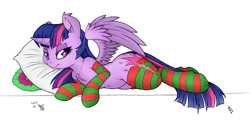 Size: 1200x600 | Tagged: safe, artist:bleff172, artist:dfectivedvice, character:twilight sparkle, character:twilight sparkle (alicorn), species:alicorn, species:pony, chest fluff, clothing, colored pupils, looking at you, pillow, signature, simple background, socks, solo, striped socks, updated, white background