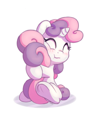 Size: 1100x1400 | Tagged: safe, artist:bobdude0, character:sweetie belle, species:pony, species:unicorn, g4, blushing, cute, diasweetes, eyes closed, female, filly, hnnng, hug, signature, simple background, sitting, smiling, solo, tail hug, underhoof, weapons-grade cute, white background