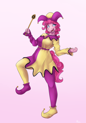 Size: 1400x2000 | Tagged: safe, artist:alasou, character:pinkie pie, species:anthro, clothing, female, jester, jester pie, open mouth, pink background, simple background, solo