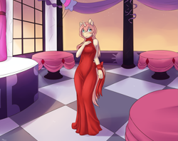 Size: 2125x1687 | Tagged: safe, artist:alasou, oc, oc only, oc:ruby aura, species:anthro, species:pony, species:unicorn, anthro oc, breasts, clothing, commission, dress, female, gala dress, grand galloping gala, looking at you, mare, red dress, smiling, solo, table, window