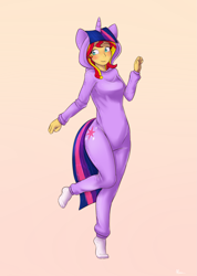 Size: 1425x2000 | Tagged: safe, artist:alasou, character:sunset shimmer, my little pony:equestria girls, blushing, clothing, costume, cute, female, gradient background, kigurumi, looking at you, pajamas, raised leg, shimmerbetes, simple background, smiling, socks, solo