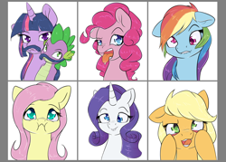 Size: 1984x1417 | Tagged: safe, artist:alasou, character:applejack, character:fluttershy, character:pinkie pie, character:rainbow dash, character:rarity, character:spike, character:twilight sparkle, species:dragon, species:pony, bucktooth, cute, derp, facial hair, faec, funny face, lip bite, looking at you, mane six, moustache, open mouth, puffy cheeks, silly, silly face, silly pony, simple background, tongue out, wall eyed