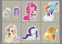 Size: 1984x1417 | Tagged: safe, artist:alasou, character:applejack, character:derpy hooves, character:fluttershy, character:pinkie pie, character:rainbow dash, character:rarity, character:twilight sparkle, character:twilight sparkle (alicorn), species:alicorn, species:pony, apple, cloud, cute, eyes closed, floppy ears, food, heart, holding, horn impalement, ice cream, ice cream cone, licking, mane six, prone, silly, silly pony, simple background, sitting, that pony sure does love apples, tongue out, who's a silly pony