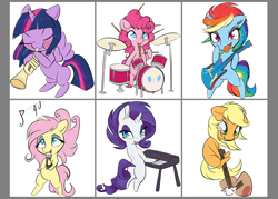 Size: 1984x1417 | Tagged: safe, artist:alasou, character:applejack, character:fluttershy, character:pinkie pie, character:rainbow dash, character:rarity, character:twilight sparkle, character:twilight sparkle (alicorn), species:alicorn, species:pony, alternate hairstyle, chibi, cute, drums, drumsticks, eyeshadow, guitar, keyboard, makeup, mane six, microphone, mouth hold, musical instrument, prehensile mane, simple background, singing, tongue out, trumpet