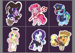 Size: 1984x1417 | Tagged: safe, artist:alasou, character:applejack, character:fluttershy, character:pinkie pie, character:rainbow dash, character:rarity, character:twilight sparkle, character:twilight sparkle (alicorn), species:alicorn, species:pony, alcohol, amputee, angel, broom, chibi, clothing, costume, cute, demon, devil pinkie pie, devil tail, eyepatch, fluttershy the angel, flying, flying broomstick, glowing horn, grin, halloween, hat, horns, looking at you, magic, mane six, nightmare night, peg leg, pirate, police uniform, prosthetic leg, prosthetic limb, prosthetics, simple background, smiling, spider, sticker, sword, trident, vampire, weapon, wine, witch, witch hat