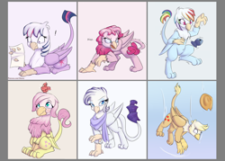 Size: 1984x1417 | Tagged: safe, artist:alasou, character:applejack, character:fluttershy, character:pinkie pie, character:rainbow dash, character:rarity, character:twilight sparkle, species:bird, species:griffon, :t, behaving like a cat, belly button, bipedal, chasing own tail, chest fluff, claws, clothing, colored pupils, cute, dashabetes, diapinkes, falling, fish, flying, frown, glare, griffonized, hat, hissing, jackabetes, leg fluff, lidded eyes, looking at you, looking back, looking up, mane six, my little x, open mouth, paper, playing, prone, puffy cheeks, rainbow griffon, raised hoof, raised leg, raribetes, rubber, scared, scarf, shocked, shyabetes, simple background, sitting, smiling, sparkles, species swap, tail wag, twiabetes, wide eyes