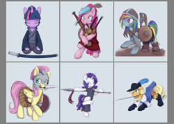 Size: 1984x1417 | Tagged: safe, artist:alasou, character:applejack, character:fluttershy, character:pinkie pie, character:rainbow dash, character:rarity, character:twilight sparkle, species:earth pony, species:pegasus, species:pony, species:unicorn, alternate hairstyle, anatomically incorrect, armor, axe, bagpipes, balancing, bipedal, boots, cheongsam, clothing, compilation, dirty, dress, eyes closed, female, frown, gladiator, hat, helmet, hoof hold, incorrect leg anatomy, katana, kilt, kimono (clothing), kneeling, looking at you, mane six, mare, mouth hold, musketeer, puffy cheeks, raised hoof, raised leg, rapier, robe, samurai, scottish, shield, shoes, simple background, smiling, spear, sword, underhoof, viking, weapon