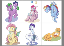 Size: 1984x1417 | Tagged: safe, artist:alasou, character:applejack, character:fluttershy, character:pinkie pie, character:rainbow dash, character:rarity, character:spike, character:twilight sparkle, species:dragon, species:pony, apple, balloon, blank flank, cake, clothing, dragonified, dragonjack, dragons riding ponies, existential crisis, flutterdragon, flying, food, hat, looking at you, mane six, mouth hold, my little x, pinkiedragon, ponified, ponified spike, rainbow dragon, raridragon, riding, role reversal, simple background, species swap, twilidragon, wide eyes