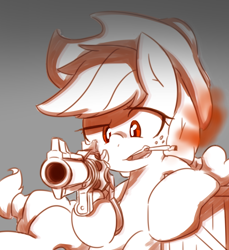 Size: 2176x2376 | Tagged: safe, artist:akainu_pony, character:applejack, species:earth pony, species:pony, alternate eye color, applejack's hat, cigarette, clothing, cowboy hat, crate, female, gray background, gun, handgun, hat, high res, hooves, limited palette, mare, open mouth, revolver, simple background, smoke, smoking, solo, teeth, weapon, who needs trigger fingers