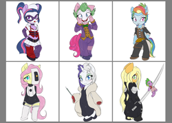 Size: 1984x1417 | Tagged: safe, artist:alasou, character:applejack, character:fluttershy, character:pinkie pie, character:rainbow dash, character:rarity, character:spike, character:twilight sparkle, species:anthro, species:dragon, 101 dalmatians, belly button, borderlands, borderlands 2, breasts, chibi, clothing, cosplay, costume, cruella de vil, dc comics, delicious flat chest, dress, face paint, final fantasy, final fantasy vii, flattershy, glados, grin, hand on hip, handsome jack, harley quinn, looking at you, makeup, mane six, mask, midriff, pinkie joker, plushie, portal, portal (valve), sephiroth, simple background, smiling, sword, the joker, villainess, voice actor joke, weapon
