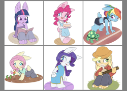 Size: 1984x1417 | Tagged: safe, artist:alasou, character:applejack, character:fluttershy, character:pinkie pie, character:rainbow dash, character:rarity, character:tank, character:twilight sparkle, species:anthro, species:rabbit, episode:secrets and pies, g4, my little pony: friendship is magic, apron, book, breasts, bunnified, bunny pie, bunny sparkle, bunnyjack, bunnyshy, cake, carrot, cheongsam, clothing, cute, delicious flat chest, flattershy, food, guitar, hat, herbivore, looking at you, mane six, midriff, my little bunny, my little x, open mouth, overalls, pants, ponytail, rabbit dash, rabbity, racing, reading, shirt, simple background, species swap, sports bra, sports shorts, the tortoise and the hare, tongue out