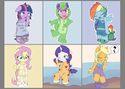 Size: 1984x1417 | Tagged: safe, artist:alasou, character:applejack, character:fluttershy, character:gummy, character:pinkie pie, character:rainbow dash, character:rarity, character:spike, character:tank, character:twilight sparkle, character:twilight sparkle (alicorn), species:alicorn, species:anthro, species:dragon, species:pony, bed, book, breasts, bunny slippers, chibi, clothing, coffee mug, costume, cute, delicious flat chest, eyes closed, flattershy, floppy ears, frown, implied lesbian, implied rarijack, implied shipping, kigurumi, looking down, mane six, morning ponies, mug, nightgown, one eye closed, onesie, open mouth, pajamas, plushie, shirt, simple background, sleeping, slippers, t-shirt, tank slippers, tank top, that pony sure does love books, tired, tortoise, waking up, yawn