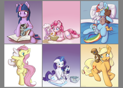 Size: 1984x1417 | Tagged: safe, artist:alasou, character:applejack, character:fluttershy, character:pinkie pie, character:rainbow dash, character:rarity, character:scootaloo, character:smarty pants, character:twilight sparkle, character:twilight sparkle (alicorn), species:alicorn, species:pegasus, species:pony, species:rabbit, :3, apron, baking, batter, bed, blep, blushing, book, chef's hat, clothing, cushion, cute, ear fluff, floppy ears, flour, flour sack, food, glowing horn, happy, hat, hug, levitation, looking at you, looking back, magic, mane six, mixing, mouth hold, needle, one eye closed, open mouth, pillow, pincushion, plushie, prone, quill, sewing, sitting, smiling, spoon, telekinesis, tongue out, watch, wink
