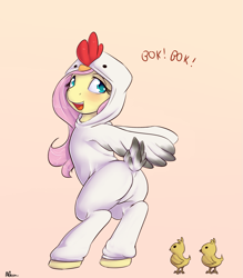 Size: 1225x1400 | Tagged: safe, artist:alasou, character:fluttershy, species:pegasus, species:pony, animal costume, bipedal, chick, chicken suit, chicks, clothing, costume, cute, female, following, kigurumi, mare, plot, shyabetes, simple background