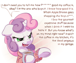 Size: 1500x1250 | Tagged: safe, artist:bobdude0, character:sweetie belle, species:pony, species:unicorn, angry, bathrobe, censored dialogue, censored vulgarity, clothing, coffee, coffee mug, dialogue, ears, eye, eyebrows, eyelashes, eyes, female, filly, floppy ears, frog (hoof), frown, hooves, horn, implied apple bloom, implied death, lighting, mane, movie quote, mug, nostrils, open mouth, polka dots, pulp fiction, robe, shirt, signature, solo, speech bubble, talking, teeth, text, tongue out, underhoof, undershirt, vulgar