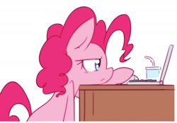 Size: 1979x1381 | Tagged: safe, artist:akainu_pony, character:pinkie pie, species:earth pony, species:pony, :<, annoyed, bendy straw, computer, computer mouse, cup, cute, desk, diapinkes, drinking straw, female, frown, glare, laptop computer, leaning, mare, simple background, sitting, solo, table, unamused, white background