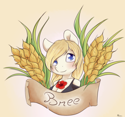 Size: 1200x1125 | Tagged: safe, artist:alasou, oc, oc only, oc:bree, species:anthro, species:earth pony, species:pony, anthro oc, banner, blue eyes, breasts, cleavage, female, food, mare, smiling, text, wheat
