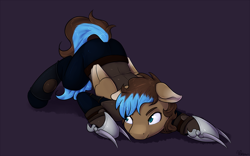 Size: 1400x875 | Tagged: safe, artist:alasou, oc, oc only, oc:playthrough, species:pegasus, species:pony, claws, clothing, commission, crouching, face down ass up, floppy ears, male, simple background, solo, stallion, weapon