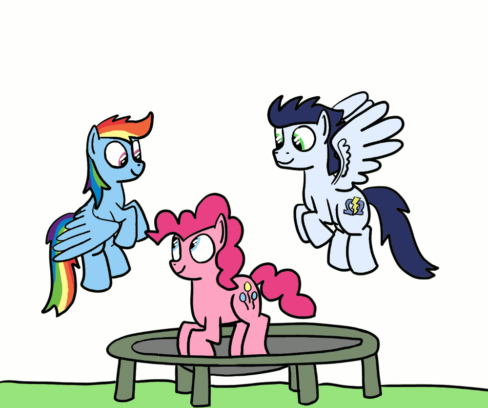 Size: 1000x835 | Tagged: safe, artist:hoofclid, part of a set, character:pinkie pie, character:rainbow dash, character:soarin', species:earth pony, species:pegasus, species:pony, animated, boop, cute, eye contact, eye shimmer, eyes on the prize, female, flapping, flying, gif, jumping, looking at each other, male, mare, part of a series, pinkie being pinkie, simple background, smiling, stallion, trampoline, tumblr, white background