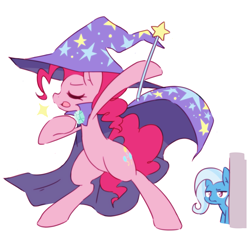 Size: 2387x2307 | Tagged: safe, artist:akainu_pony, character:pinkie pie, character:trixie, species:pony, species:unicorn, accessory swap, cape, clothing, female, hat, high res, mare, simple background, the great and powerful, trixie is not amused, trixie's cape, trixie's hat, wand, white background