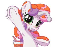Size: 1200x933 | Tagged: safe, artist:bobdude0, character:sweetie belle, species:pony, species:unicorn, armpits, blushing, cute, diasweetes, fake horn, female, filly, hnnng, looking at you, open mouth, paint in hair, paint on fur, painting, reddit, smiling, snoo, solo, underhoof, waving