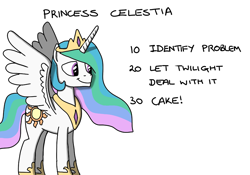Size: 1200x840 | Tagged: safe, artist:hoofclid, character:princess celestia, species:alicorn, species:pony, basic programming language, cake, cakelestia, food, programming, simple background, smiling, solo, spread wings, uselesstia, white background, wings
