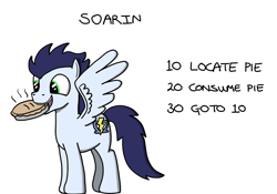 Size: 1200x840 | Tagged: safe, artist:hoofclid, character:soarin', species:pony, basic, food, loop, pie, programming, simple background, solo, text, that pony sure does love pies, this will end in weight gain, white background
