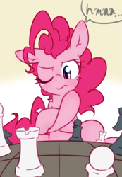 Size: 2147x3109 | Tagged: safe, artist:akainu_pony, character:pinkie pie, species:earth pony, species:pony, chess, crossed hooves, female, mare, one eye closed, solo