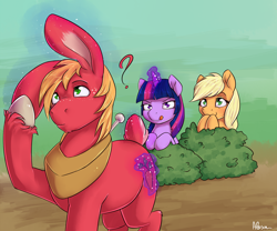 Size: 1500x1250 | Tagged: safe, artist:alasou, character:applejack, character:big mcintosh, character:twilight sparkle, character:twilight sparkle (alicorn), species:alicorn, species:earth pony, species:pony, species:rabbit, alternate cutie mark, bunnified, bunny ears, cute, female, freckles, glowing horn, hiding, magic, magic bunny ears, male, mare, missing accessory, prank, question mark, signature, smiling, species swap, stallion, tongue out, trio, what has magic done