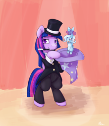 Size: 1250x1450 | Tagged: safe, artist:alasou, character:trixie, character:twilight sparkle, character:twilight sparkle (alicorn), species:alicorn, species:pony, species:rabbit, bunnified, bunny out of the hat, clothing, cuffs (clothes), cute, duo, hat, magic, magic show, magic trick, magic wand, magician, mouth hold, species swap, telekinesis, top hat, trixie's hat