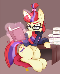 Size: 1569x1945 | Tagged: safe, artist:akainu_pony, character:moondancer, species:pony, book, clothing, female, magic, solo, sweater