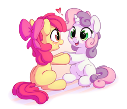 Size: 1400x1200 | Tagged: safe, artist:bobdude0, artist:dawnfire, character:apple bloom, character:sweetie belle, species:earth pony, species:pony, species:unicorn, ship:sweetiebloom, g4, adorabloom, blushing, bow, collaboration, cute, dawwww, diasweetes, eye contact, female, filly, freckles, hair bow, happy, heart, hnnng, holding hooves, lesbian, looking at each other, open mouth, shipping, signature, simple background, sitting, smiling, white background