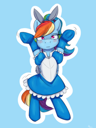 Size: 1050x1400 | Tagged: safe, artist:alasou, character:rainbow dash, species:pony, bipedal, blushing, bunny ears, caramelldansen, clothing, cute, dancing, dashabetes, dress, female, frog (hoof), looking at you, mare, multicolored hair, rainbow dash always dresses in style, simple background, solo, stockings, thigh highs, unamused, underhoof