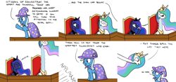 Size: 3600x1680 | Tagged: safe, artist:hoofclid, character:princess celestia, character:princess luna, character:trixie, species:alicorn, species:pony, species:unicorn, celestia is not amused, comic, dialogue, female, illusion, impossibly long neck, laughing, long neck, magic, mare, princess necklestia, stretching, this will end in tears and/or a journey to the moon, trick, unamused, wat