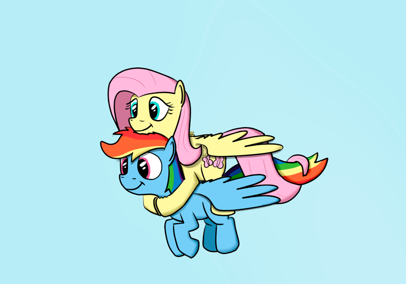 Size: 800x560 | Tagged: safe, artist:hoofclid, edit, editor:totallynotanoob, character:fluttershy, character:rainbow dash, species:pegasus, species:pony, animated, biplane, blinking, cloud, cute, female, fluffy, flying, gif, hug, intertwined tails, mare, ponies riding ponies, riding, sky, smiling, spread wings, wings