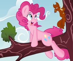 Size: 10000x8326 | Tagged: safe, artist:dfectivedvice, artist:kamyk962, edit, character:pinkie pie, species:pony, absurd resolution, cloud, color edit, colored, happy, open mouth, shading, sky, squirrel, tree, tree branch, vector