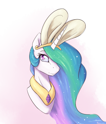Size: 900x1050 | Tagged: safe, artist:alasou, character:princess celestia, species:alicorn, species:pony, bunny ears, colored pupils, cute, cutelestia, female, hair over one eye, mare, smiling, solo