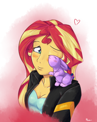 Size: 800x1000 | Tagged: safe, artist:alasou, character:sunset shimmer, character:twilight sparkle, species:rabbit, my little pony:equestria girls, blushing, breasts, bunnified, bunny sparkle, cleavage, clothing, cute, duo, female, heart, jacket, nuzzling, one eye closed, species swap