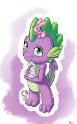 Size: 875x1400 | Tagged: safe, artist:alasou, character:fluttershy, character:pinkie pie, character:rarity, character:spike, species:dragon, species:rabbit, baby, baby dragon, blushing, bunnified, bunny pie, bunnyshy, cute, diapinkes, fangs, female, green eyes, male, rabbity, raribetes, shyabetes, smiling, species swap, spikabetes