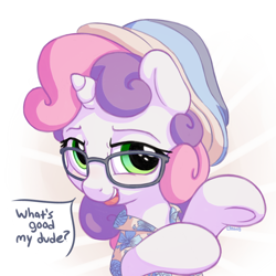 Size: 1100x1100 | Tagged: safe, artist:bobdude0, character:sweetie belle, species:pony, species:unicorn, beanie, clothing, dialogue, female, filly, floral print, glasses, hat, shirt, solo