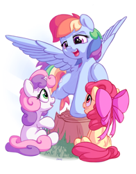 Size: 1100x1400 | Tagged: safe, artist:bobdude0, character:apple bloom, character:rainbow dash, character:sweetie belle, species:earth pony, species:pegasus, species:pony, species:unicorn, commission, female, filly, mare, simple background, spread wings, tree stump, trio, white background, wings
